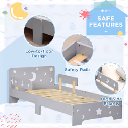 ZONEKIZ Kids Toddler Bed Children's Bedroom Furniture w/Star and Moon Patterns, Side Rails, for Boys, Girls, Ages 3-6 Years, 143 x 76 x 49cm - Grey