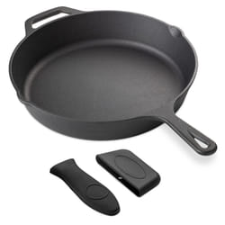 Navaris Cast Iron Skillet - Pre-Seasoned Cast Iron Frying Pan Skillet for Oven, Stove, Campfire Cooking - 30 cm / 12 Inch w/Silicone Covers