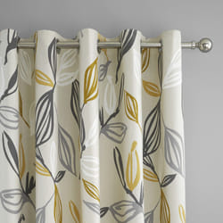Fusion - Grey & Ochre Leaf Curtains W90 x L72" (229 x 183cm) - 2x Panels - 100% Cotton - Yellow Eyelet Curtains with Leaf Prints - Leaves Curtains &
