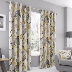 Fusion - Grey & Ochre Leaf Curtains W90 x L72" (229 x 183cm) - 2x Panels - 100% Cotton - Yellow Eyelet Curtains with Leaf Prints - Leaves Curtains &
