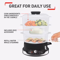 Tefal Ultracompact Steam Cooker, 9L, Stackable Storage System, 3-Tier Food Steamer, BPA-Free Bowls, 60-Min Timer, Refill While Steaming, Rice