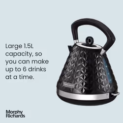 Morphy Richards Vector Pyramid Kettle, 1.5L 3kW Rapid Boil, Anti Limescale Filter, Boil Dry Protection, Water Window, Pull Ring Removeable Lid, 360