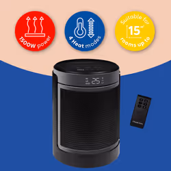 Russell Hobbs Space Heater in Black & Silver 1500W Portable Oscillating Ceramic Round Electric Heater, Low Energy Digital Display, 4 Modes, 24hr Auto