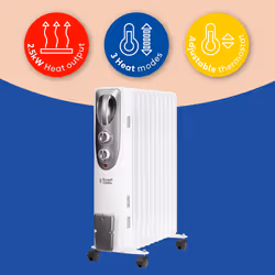 Russell Hobbs 2500W Oil Filled Radiator, 11 Fin Portable Electric Heater in White, Adjustable Thermostat with 3 Heat Settings, Overheat Protection,