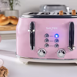 Salter Retro Pink 4-Slice Toaster ? Wide Slots, 6 Browning Levels, Defrost, Reheat, Cancel Functions, Removable Crumb Tray, Extra Thick Bread,