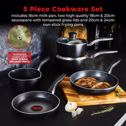 Tower T700314 SmartStart Gourmet 5 Piece Cookware Set with Easy Clean Aeroglide Non-Stick Coating, Oven Safe, Long Lasting, PFOA Free, Black
