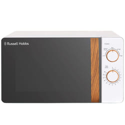 Russell Hobbs RHMM713 17 L 700 W Scandi Compact White Manual Microwave with 5 Power Levels, Wood Effect Handle & Dials, Timer, Defrost Setting, Easy