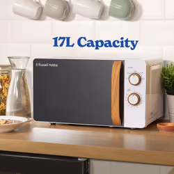 Russell Hobbs RHMM713 17 L 700 W Scandi Compact White Manual Microwave with 5 Power Levels, Wood Effect Handle & Dials, Timer, Defrost Setting, Easy