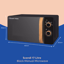 Russell Hobbs RHMM713B-N 17L 700w Scandi Compact Black Manual Microwave with 5 Power Levels, Wood Effect Handle & Dials, Timer, Defrost Setting, Easy