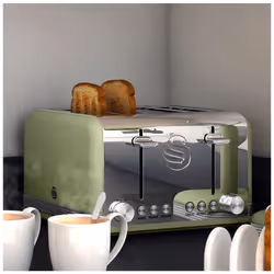 Swan ST19020GN Retro 4-Slice Toaster with Defost/Reheat/Cancle Functions, Cord Storage, 1600W, Retro Green