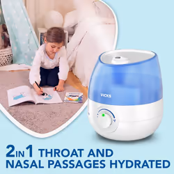 Vicks Mini Cool Mist ultrasonic humidifier - Adjustable mist control - 1.8 L Tank - Home use in bedrooms, offices, nurseries - Rooms to 15m2 - Quiet