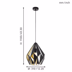 Eglo Carlton 1 Vintage Pendant Lamp, Retro Hanging Light in Black and Gold Steel, E27 Socket, ? 31 cm (12.2")