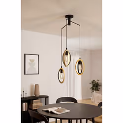 Eglo Pendant lamp Basildon, 3-Light Hanging lamp Vintage, Industrial, Retro, Made of Steel and Wood in Black, Natural, Dining Table lamp, Hanging
