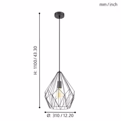 Eglo Carlton Vintage Pendant Light, Retro/Industrial Design Ceiling Lamp, Black Steel Hanging Lighting, E27 Socket