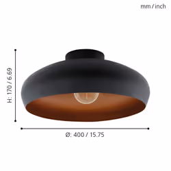 Eglo Mogano Vintage/Industrial Design Ceiling Light, Black Steel and Copper Coloured Kitchen or Hall Lighting, Ceiling-Mounted with E27 Socket