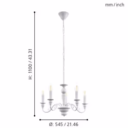 Eglo Caposile 5-Bulb Vintage Chandelier, White Steel Country House Style and Shabby Chic Ceiling lamp, Dinning and Living Room Hanging Lighting, E14