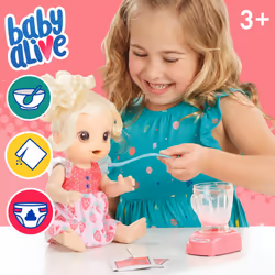 Baby Alive Magical Mixer Baby Doll Strawberry Shake with Blender Accessories, Drinks, Wets, Eats, Blonde Hair Toy for Children Aged 3 and Up