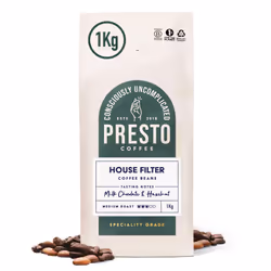 Presto Coffee House Filter Speciality Coffee Beans 1kg Medium Roast Tasting Notes Sweet Cocoa and Peanuts Rainforest Alliance ...