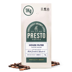 Presto Coffee House Filter Speciality Coffee Beans 1kg Medium Roast Tasting Notes Sweet Cocoa and Peanuts Rainforest Alliance Certified 100% Arabica