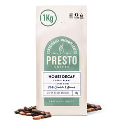 Presto Coffee | Decaffeinated Speciality Coffee Beans 1kg | Light Roast | Chocolatey & Peanuty | Rainforest Alliance Certified 100% Arabica | Perfect