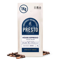 Presto Coffee | House Espresso Coffee Beans | 1kg | Dark Roast | Chocolate Almond Notes | Rainforest Alliance Certified Arabica | Fully Recyclable