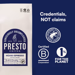 Presto Coffee | House Espresso Coffee Beans | 1kg | Dark Roast | Chocolate Almond Notes | Rainforest Alliance Certified Arabica | Fully Recyclable
