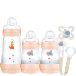 MAM Welcome to The World Set | Baby Gift Set with 3X Feeding Bottles, 0-2 Month Soother and MAM Dummy Clip | Baby Accessories for Newborn | Peach