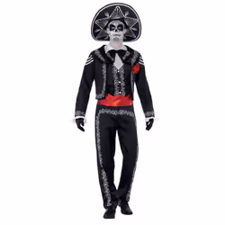 Smiffys Adult men's Day of the Dead Senor Bones Costume, Jacket, trousers, Mock Shirt and Hat, Day of the Dead, Halloween, Bl ...