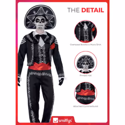 Smiffys Adult men's Day of the Dead Senor Bones Costume, Jacket, trousers, Mock Shirt and Hat, Day of the Dead, Halloween, Black, M - Size 38-40