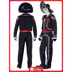 Smiffys Adult men's Day of the Dead Senor Bones Costume, Jacket, trousers, Mock Shirt and Hat, Day of the Dead, Halloween, Black, M - Size 38-40