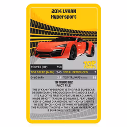 Top Trumps Supercars Classic Card Game, learn facts about the Aston Martin DBS, McLaren Senna and Bugatti Chiron in this educational packed game,