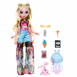 Monster High Lagoona Blue Doll in Mesh Tee and Cargo Pants, Includes Pet Fish Neptuna and Accessories like a Backpack, Snack and Notebook