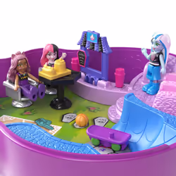 Polly Pocket Monster High Playset with 3 Micro Dolls & 10 Accessories, Opens to High School, Collectible Travel Toy with Storage, HVV58