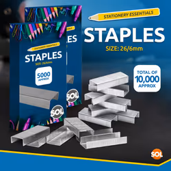 SOL 10,000pk Staples for Multipurpose Use, Staples 26/6 Standard Size, Durable Steel, Anti-Jam Design, Compatible with Standard Staplers, Ideal for