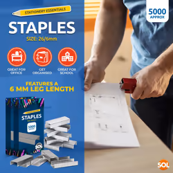 SOL 10,000pk Staples for Multipurpose Use, Staples 26/6 Standard Size, Durable Steel, Anti-Jam Design, Compatible with Standard Staplers, Ideal for