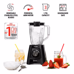 Tefal Blendforce II Blender, 2L Plastic Jug, 1.25L Effective Capacity, 600W, 4 Removable Stainless Steel Blades, Smoothie Blender, Ice Crush, 2 Speeds
