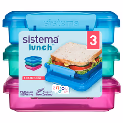 Sistema Lunch Sandwich Boxes | 450 ml | Airtight School Lunch Boxes | BPA-Free | Assorted Colours | 3 Count