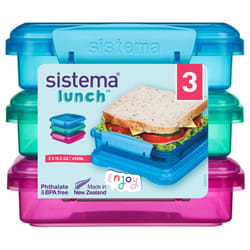 Sistema Lunch Sandwich Boxes | 450 ml | Airtight School Lunch Boxes | BPA-Free | Assorted Colours | 3 Count