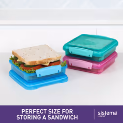 Sistema Lunch Sandwich Boxes | 450 ml | Airtight School Lunch Boxes | BPA-Free | Assorted Colours | 3 Count