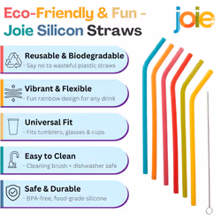 Joie 12711 Set of 6 Rainbow Flexible Straws with Cleaning Brush Reusable Silicone