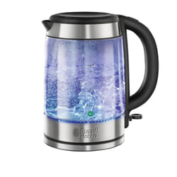 Russell Hobbs Illuminating 1.7L Electric Cordless Glass Kettle with black/brushed stainless steel accents (Fast Boil 3KW, Washable anti-scale filter,