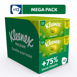 Kleenex Balsam Tissues, Mega Pack - 1,344 Sheets (12 Boxes x 112 Sheets) - Balm Tissues Protect and Soothe Your Nose When You've Got a Cold - Balmcare