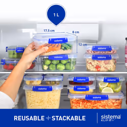 Sistema KLIP IT PLUS Leakproof Food Storage Containers | 1 L | Airtight, Stackable & Nestable Meal Prep Containers with Lids | School Lunch Boxes |
