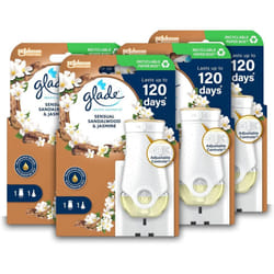 Glade Plug in Air Freshener Holder and Refill, Electric Scented Oil Room Air Freshener, Sandalwood & Jasmine, Pack of 4 Starter Kits, (4 x Holder and