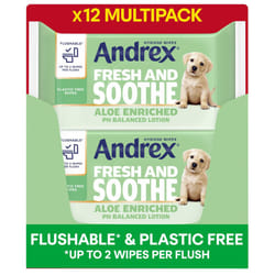 Andrex Fresh and Soothe Hygiene Wipes, 12 Packs - Flushable Toilet Wipes - Skin Kind - Contains Aloe Vera and Prebiotic Lotion- Biodegradable and