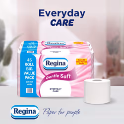 Regina Gentle Soft Toilet Tissue - 45 Rolls of 3 Ply Toilet Paper, 160 Sheets, Soft and Gentle, 30% PCR Plastic Packaging, FSC Certificated