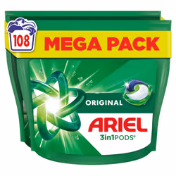 Ariel All-in-1 PODS?, Washing Liquid Laundry Detergent Capsules 108 Washes (54x2), Original, Outstanding Stain Removal In 1 W ...