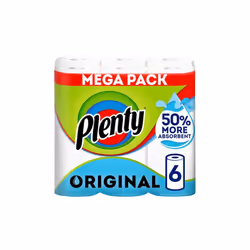 PLENTY Kitchen Towel, 6 White Rolls, 600 Sheets of Kitchen Roll, 2-Ply Tissue