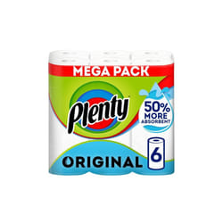 PLENTY Kitchen Towel, 6 White Rolls, 600 Sheets of Kitchen Roll, 2-Ply Tissue