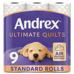 Andrex Ultimate Quilts Toilet Paper 9 Rolls, Air Pocket Technology for Soft, Thick Sheets -Pack of 9 Quilted Toilet Rolls, FSC Certified